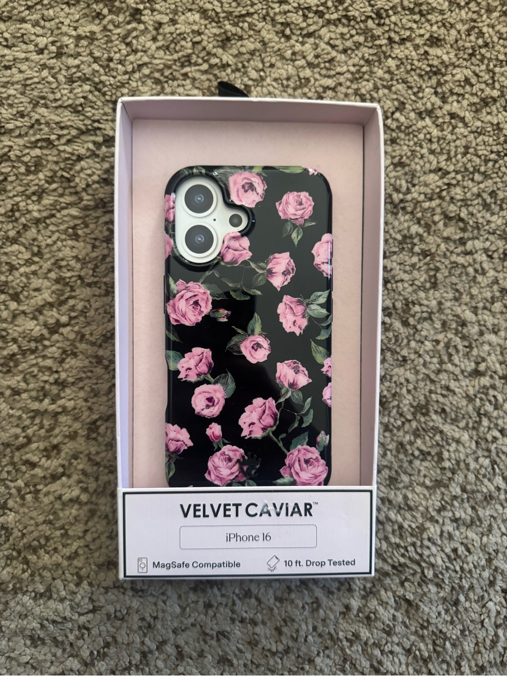 Velvet Caviar Black Phone Case with Pink Rose Floral Design